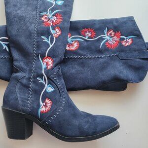 Carlos Santana Blue Floral Embroidered Thigh High Boots
